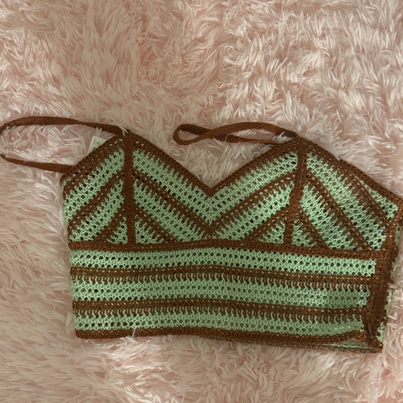NWT Zara Brown and Light Green Crochet Crop Top - Picture 6 of 7